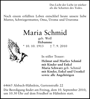 Traueranzeige von Maria Schmid von Echo-Zeitungen (Gesamtausgabe)