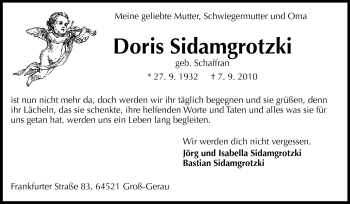 Traueranzeige von Doris Sidamgrotzki von Rüsselsheimer Echo, Groß-Gerauer-Echo, Ried Echo