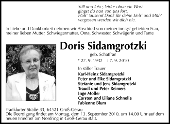 Traueranzeige von Doris Sidamgrotzki von Rüsselsheimer Echo, Groß-Gerauer-Echo, Ried Echo
