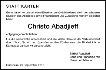 Traueranzeige von Christo Abadjieff von Darmstädter Echo, Odenwälder Echo, Rüsselsheimer Echo, Groß-Gerauer-Echo, Ried Echo