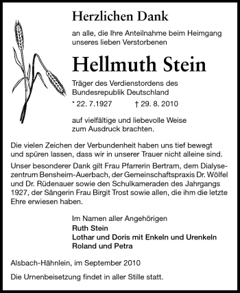 Traueranzeige von Hellmuth Stein von Echo-Zeitungen (Gesamtausgabe)