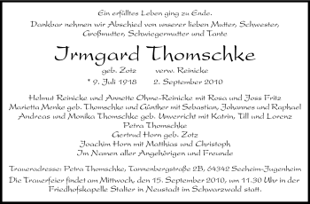 Traueranzeige von Irmgard Thomschke von Echo-Zeitungen (Gesamtausgabe)