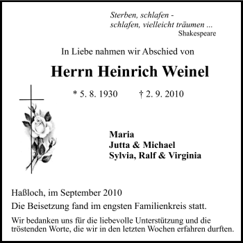 Traueranzeige von Heinrich Weinel von Rüsselsheimer Echo, Groß-Gerauer-Echo, Ried Echo
