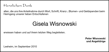Traueranzeige von Gisela Wisnowski von Rüsselsheimer Echo, Groß-Gerauer-Echo, Ried Echo