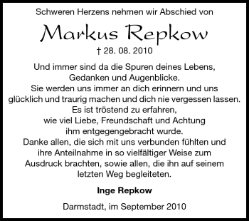Traueranzeige von Markus Repkow von Echo-Zeitungen (Gesamtausgabe)