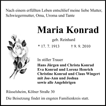 Traueranzeige von Maria Konrad von Rüsselsheimer Echo, Groß-Gerauer-Echo, Ried Echo