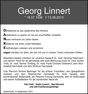 Traueranzeige von Georg Linnert von Echo-Zeitungen (Gesamtausgabe)
