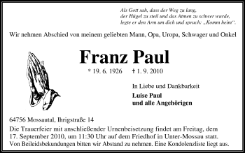 Traueranzeige von Franz Paul von Odenwälder Echo