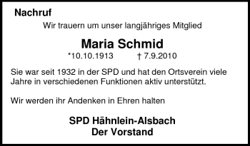Traueranzeige von Maria Schmid von Echo-Zeitungen (Gesamtausgabe)