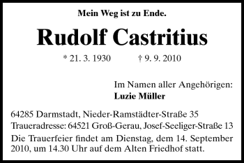 Traueranzeige von Rudolf Castritius von Darmstädter Echo, Odenwälder Echo, Rüsselsheimer Echo, Groß-Gerauer-Echo, Ried Echo