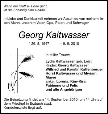 Traueranzeige von Georg Kaltwasser von Darmstädter Echo, Odenwälder Echo, Rüsselsheimer Echo, Groß-Gerauer-Echo, Ried Echo