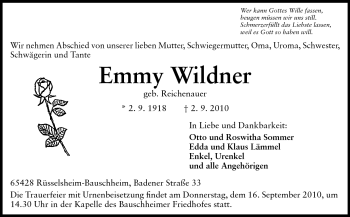 Traueranzeige von Emmy Wildner von Rüsselsheimer Echo, Groß-Gerauer-Echo, Ried Echo