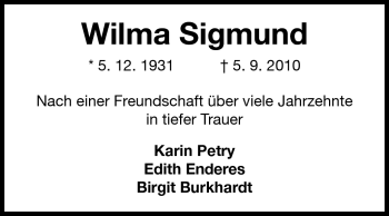 Traueranzeige von Wilma Sigmund von Darmstädter Echo, Odenwälder Echo, Rüsselsheimer Echo, Groß-Gerauer-Echo, Ried Echo