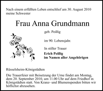 Traueranzeige von Anna Grundmann von Rüsselsheimer Echo, Groß-Gerauer-Echo, Ried Echo