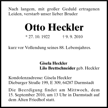 Traueranzeige von Otto Heckler von Darmstädter Echo, Odenwälder Echo, Rüsselsheimer Echo, Groß-Gerauer-Echo, Ried Echo