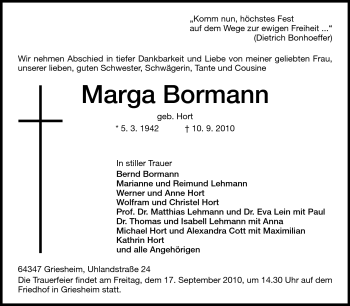 Traueranzeige von Marga Bormann von Darmstädter Echo, Odenwälder Echo, Rüsselsheimer Echo, Groß-Gerauer-Echo, Ried Echo
