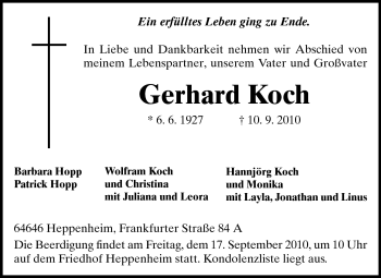 Traueranzeige von Gerhard Koch von Starkenburger Echo, Bergsträßer Anzeiger
