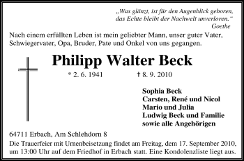 Traueranzeige von Philipp Walter Beck von Odenwälder Echo