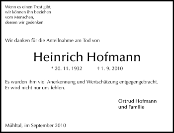 Traueranzeige von Heinrich Hofmann von Echo-Zeitungen (Gesamtausgabe)
