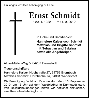 Traueranzeige von Ernst Schmidt von Echo-Zeitungen (Gesamtausgabe)