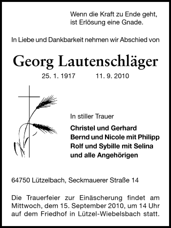 Traueranzeige von Georg Lautenschläger von Odenwälder Echo