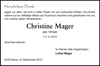 Traueranzeige von Christine Mager von Rüsselsheimer Echo, Groß-Gerauer-Echo, Ried Echo