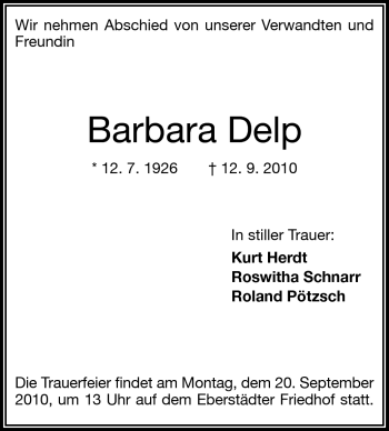 Traueranzeige von Barbara Delp von Echo-Zeitungen (Gesamtausgabe)