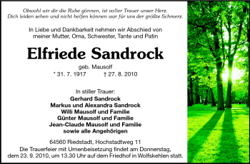 Traueranzeige von Elfriede Sandrock von Rüsselsheimer Echo, Groß-Gerauer-Echo, Ried Echo