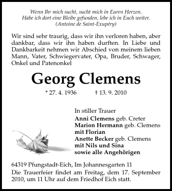Traueranzeige von Georg Clemens von Echo-Zeitungen (Gesamtausgabe)