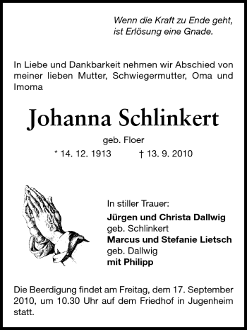 Traueranzeige von Johanna Schlinkert von Echo-Zeitungen (Gesamtausgabe)