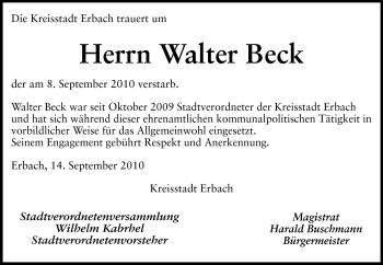 Traueranzeige von Philipp Walter Beck von Odenwälder Echo