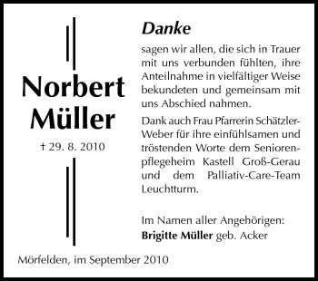 Traueranzeige von Norbert Müller von Rüsselsheimer Echo, Groß-Gerauer-Echo, Ried Echo