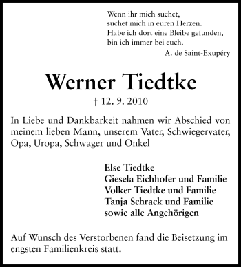 Traueranzeige von Werner Tiedtke von Echo-Zeitungen (Gesamtausgabe)