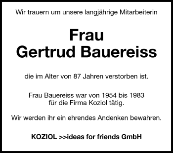 Traueranzeige von Gertrud Bauereiss von Odenwälder Echo