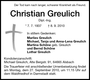 Traueranzeige von Christian Greulich von Echo-Zeitungen (Gesamtausgabe)