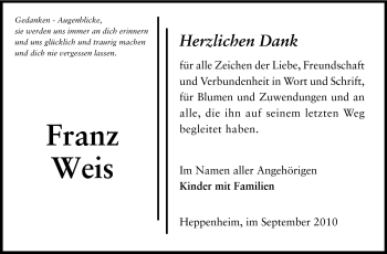 Traueranzeige von Franz Weis von Starkenburger Echo