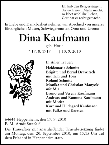 Traueranzeige von Dina Kaufmann von Starkenburger Echo