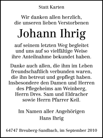 Traueranzeige von Johann Ihrig von Odenwälder Echo