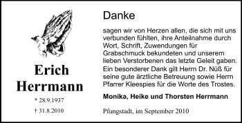 Traueranzeige von Erich Herrmann von Echo-Zeitungen (Gesamtausgabe)