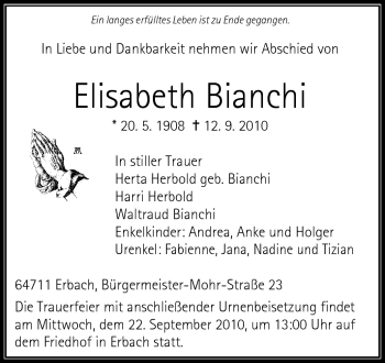Traueranzeige von Elisabeth Bianchi von Odenwälder Echo