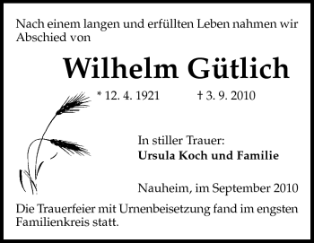 Traueranzeige von Wilhelm Gütlich von Rüsselsheimer Echo, Groß-Gerauer-Echo, Ried Echo