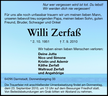 Traueranzeige von Willi Zerfaß von Darmstädter Echo, Odenwälder Echo, Rüsselsheimer Echo, Groß-Gerauer-Echo, Ried Echo
