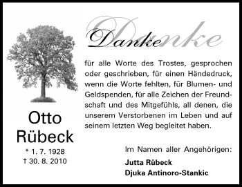 Traueranzeige von Otto Rübeck von Darmstädter Echo, Odenwälder Echo, Rüsselsheimer Echo, Groß-Gerauer-Echo, Ried Echo