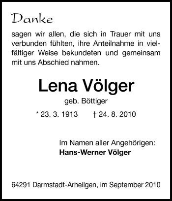 Traueranzeige von Lena Völger von Echo-Zeitungen (Gesamtausgabe)