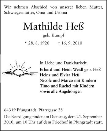 Traueranzeige von Mathilde Heß von Echo-Zeitungen (Gesamtausgabe)