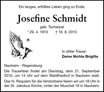 Traueranzeige von Josefine Schmidt von Rüsselsheimer Echo, Groß-Gerauer-Echo, Ried Echo