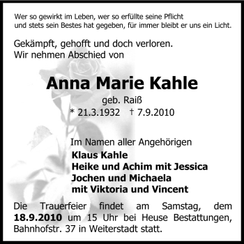 Traueranzeige von Anna Marie Kahle von Echo-Zeitungen (Gesamtausgabe)