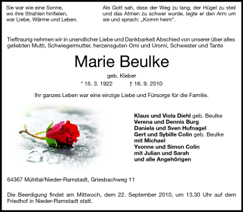 Traueranzeige von Marie Beulke von Darmstädter Echo, Odenwälder Echo, Rüsselsheimer Echo, Groß-Gerauer-Echo, Ried Echo