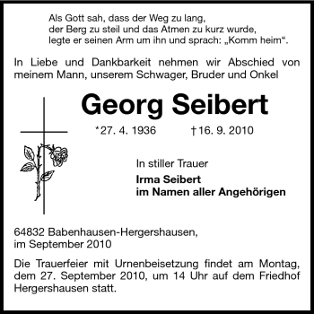 Traueranzeige von Georg Seibert von Darmstädter Echo, Odenwälder Echo, Rüsselsheimer Echo, Groß-Gerauer-Echo, Ried Echo