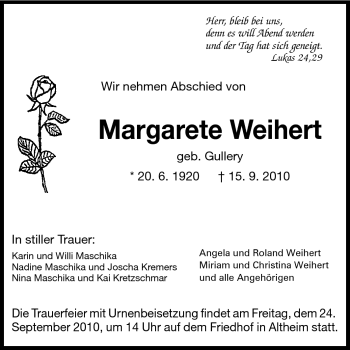 Traueranzeige von Margarete Weihert von Echo-Zeitungen (Gesamtausgabe)